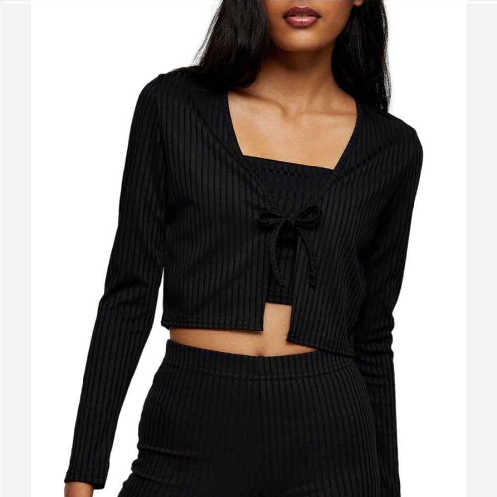 Topshop Cropped Cardigan Black Tie Front Long Sleeve US 8-10 90s Minimalist